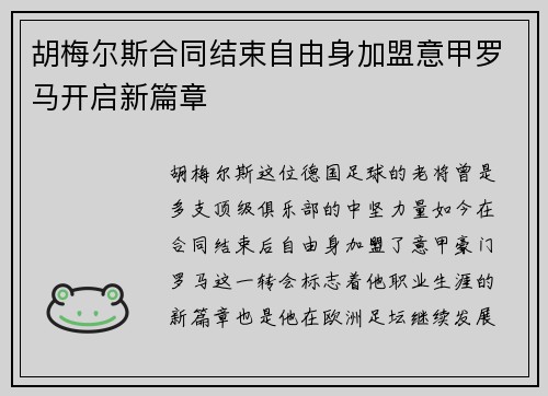 胡梅尔斯合同结束自由身加盟意甲罗马开启新篇章