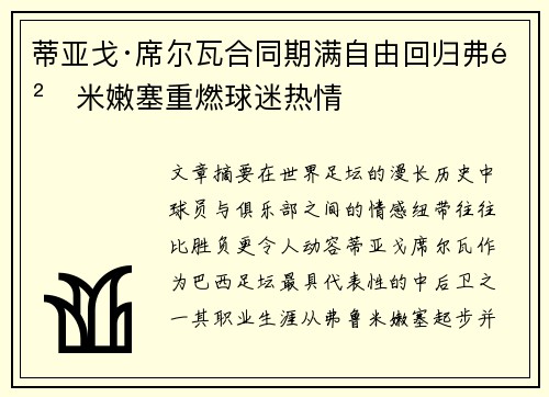 蒂亚戈·席尔瓦合同期满自由回归弗鲁米嫩塞重燃球迷热情