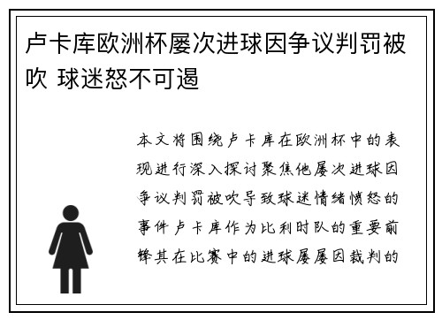 卢卡库欧洲杯屡次进球因争议判罚被吹 球迷怒不可遏